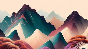 red green mountain landscape, beige background, hand drawn illustration ai generated photo