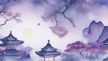 purple gradient watercolor illustration of chinese temple with cherry blossom background ai generated photo
