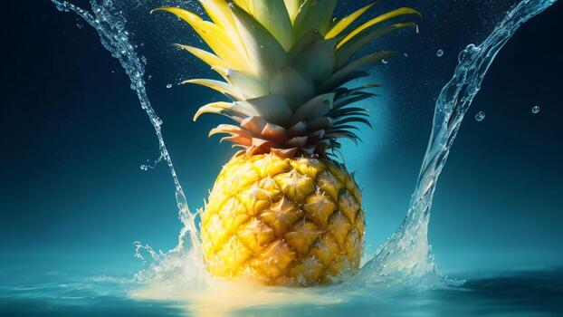 piña con agua chapoteo en resumen azul antecedentes ai generado foto