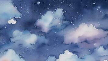 blue watercolor background with clouds and stars. Hand drawn ai generated photo