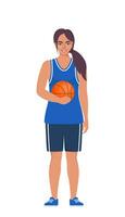 contento mujer baloncesto jugador en uniforme con pelota aislado en blanco antecedentes. vector ilustración.