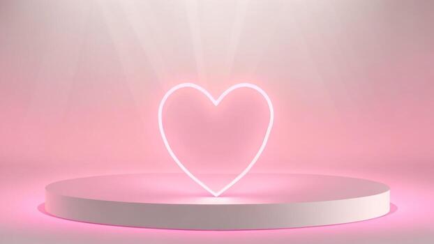 Pink neon light in heart shape, pink podium background, 3d render ai generated photo