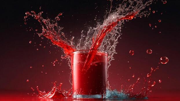 glass of red sparkling water with splashes and drops on a dark background ai generated photo