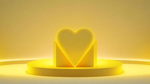 Yellow podium with heart on yellow background, Minimal scene, 3d render ai generated photo