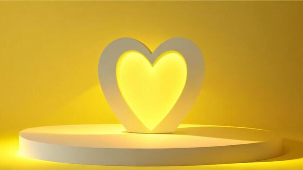 amarillo corazón forma en un amarillo podio fondo, 3d hacer ai generado foto