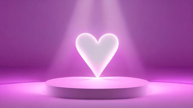 resumen corazón forma con ligero efecto en púrpura podio fondo, 3d hacer ai generado foto