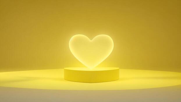 brillante corazón conformado amarillo burbuja, amarillo podio y fondo, 3d hacer ai generado foto