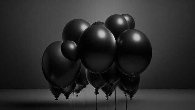 Black balloons on a dark background. 3d render ai generated photo