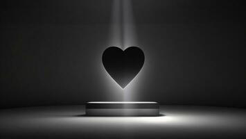 Black heart on the podium in the dark background, low light exposure, 3D render ai generated photo