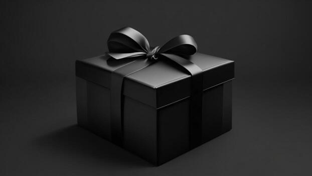 Black gift box with black ribbon on dark background. 3D render ai generated photo