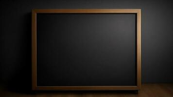 Blank blackboard in dark room with wooden frame. 3D render ai generated photo