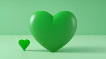 verde corazones en verde antecedentes. mínimo amor concepto. 3d hacer ai generado foto