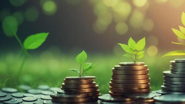 inversión concepto, monedas apilar con verde planta creciente en monedas con bokeh antecedentes ai generado foto
