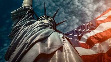 estatua de libertad y americano bandera en azul cielo antecedentes ai generativo