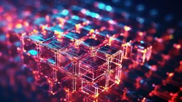 blockchain tecnología y descentralizado Finanzas un 3d red de cubitos ai generado foto