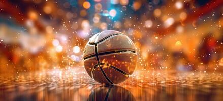 Close-up view of glowing basketball ball on wet floor and 3d court. Generative AI photo