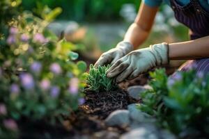 fotografía de un mujer en jardín guantes plantando flores a crecer flores en su jardín. generativo ai foto