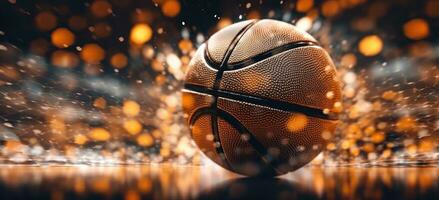 Close-up view of glowing basketball ball on wet floor and 3d court. Generative AI photo