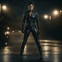 photo of strong african woman with black leather suit in heavy rain night, generative AI