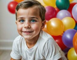 foto Sesión de fotos de niño con globos en blanco fondo, generativo ai