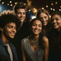 grupo de contento joven Adolescente a el noche fiesta, generativo ai foto