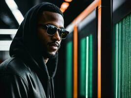 photo of black man in black hoodie in server data center room with neon light, generative AI