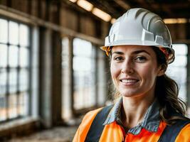 foto de mujer como un construcción trabajador con casco, generativo ai