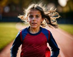photo of girl kids running race sport at school, generative AI