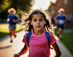 foto de niña niños corriendo carrera deporte a escuela, generativo ai