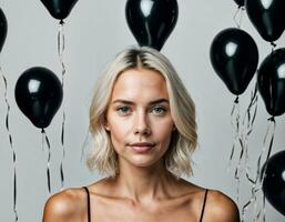 photo of beautiful european woman with blonde hair color in black and white balloons in background, generative AI