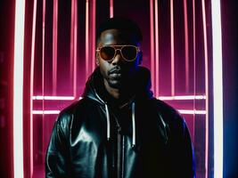 photo of black man in black hoodie in server data center room with neon light, generative AI