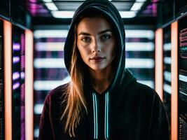 photo of woman in black hoodie in server data center room with neon light, generative AI