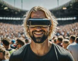 photo of handsome man with VR glasses headset at stadium sport arena, generative AI