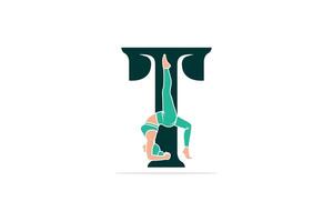 Deportes yoga mujer en letra t vector diseño. alfabeto letra icono concepto. Deportes joven mujer haciendo yoga ejercicios con letra t logo diseño.