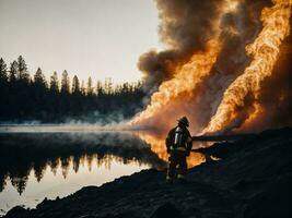 foto de bombero con grande fuego nube y fumar en fondo, generativo ai
