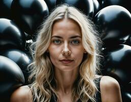 photo of beautiful european woman with blonde hair color in black and white balloons in background, generative AI