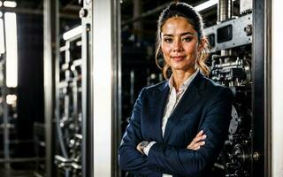 photo of working entrepreneur woman at factory with machine and worker, generative AI