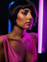 photo of beautiful woman with short hair and mixed pink neon light, generative AI