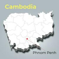 Camboya 3d mapa con fronteras de regiones vector