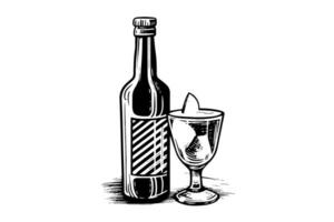 Soda bottle with glass. Ink sketch of lemonade isolated on white background. Hand drawn vector illustration. Retro style.