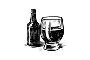 Glass of beer with bottle of beer isolated on white background, hand-drawing sketch. Vector vintage engraved illustration.