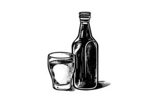 Soda bottle with glass. Ink sketch of lemonade isolated on white background. Hand drawn vector illustration