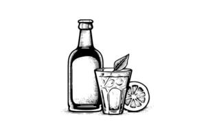 Soda bottle with glass and lemon. Ink sketch of lemonade isolated on white background. Hand drawn vector illustration.