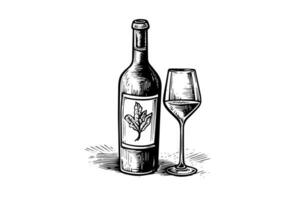 Wine bottle and glass. Hand drawn engraving sketch style vector illustrations.