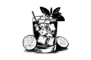 Alcoholic cocktail engraved isolated drink vector illustration. Black and white sketch composition