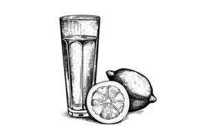 Drink lemonade with lemon hand drawn engraving style vector illustration