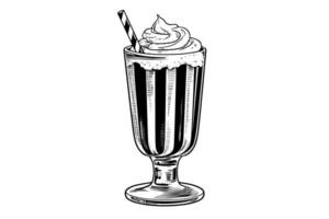 Chocolate milk shake sketch engraving vector illustration. Black and white isolated composition.