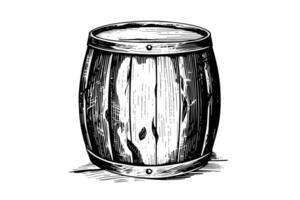 Wood barrel. Hand drawn sketch engraving style vector illustrations.