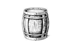 Wood barrel. Hand drawn sketch engraving style vector illustrations.