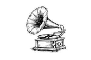 Retro phonograph gramophone vintage engraved vector illustration. Sketch hand drawn art